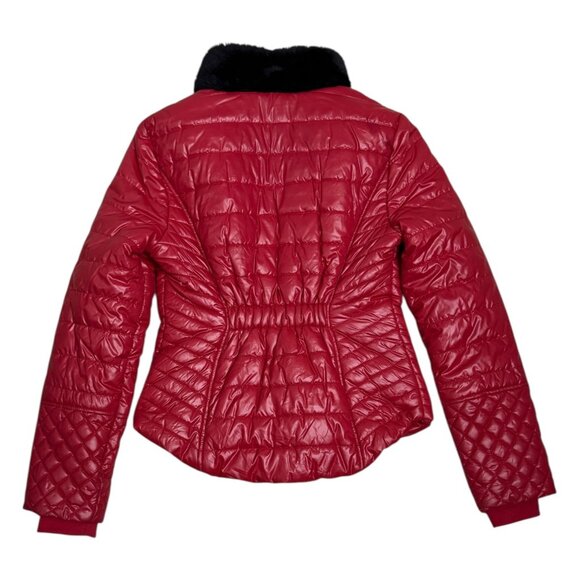 GUESS Red Designer Winter Puffer Parka Faux Fur Collar Jacket Coat Womens Small - Picture 3 of 6